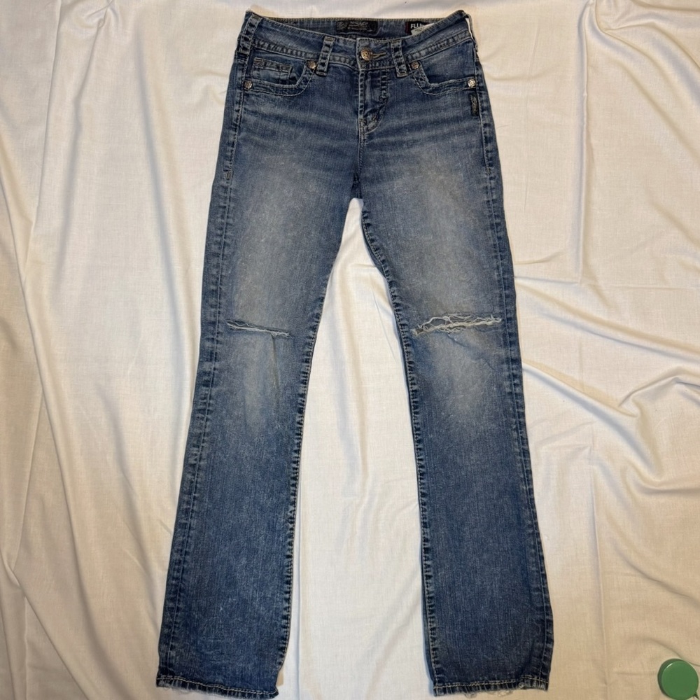 Silver Jeans Co Suki Mid Slim Boot Jeans W27 L31‎ Distressed Knee Stretch Denim